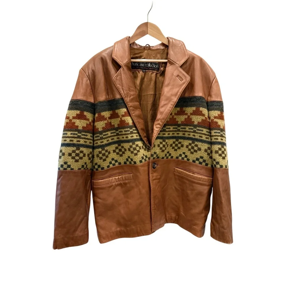 Hurricane Collection Men Butter Soft Leather Southwest Tapestry Blazer‎ Jacket M